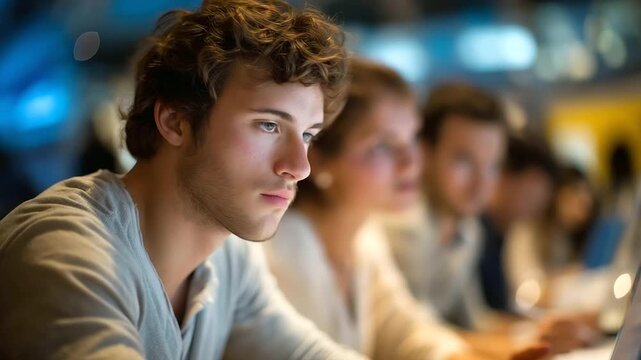 group of MBA students at hackathon creating business plan soft keyboard clicks faint buzzing of neon lights creative urgency three quarter wide angle cinematic color correction