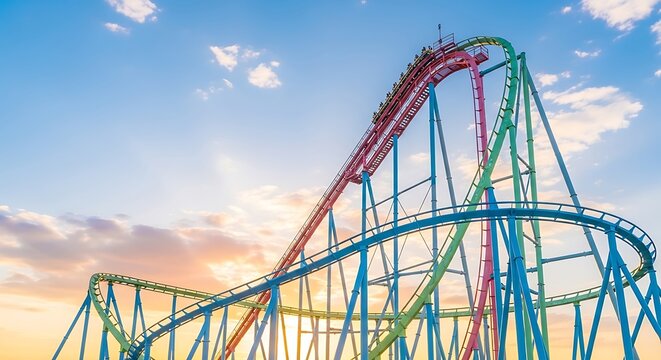 A vibrant colorful roller coaster climbs towards a golden sunset sky.