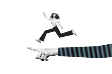 Composite trend artwork 3D sketch image photo collage of huge hand show direction way left finger point young woman miniature fast run