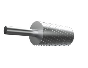 High-resolution, isolated Precision Industrial Grater Blade: Durable stainless steel cylindrical roller, sharp teeth. Ideal for heavy-duty food processing machinery and modern kitchen appliance design