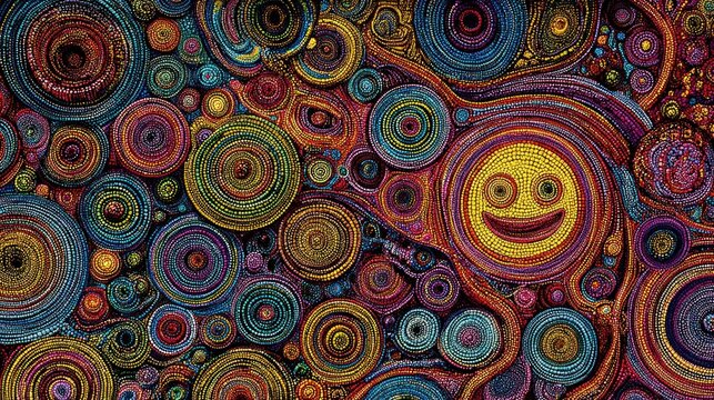 Colorful, textured circles with a central smiley face