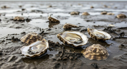 Close-up shot of oysters on a muddy surface, showcasing their open shells and textures.