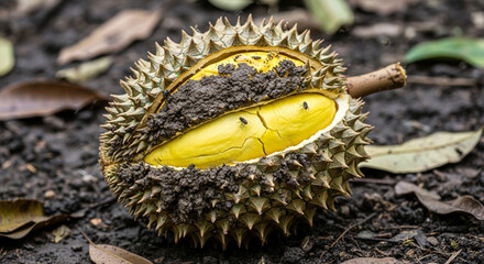 Close-up of a durian fruit, partially opened, revealing its yellow flesh, lying on the ground.