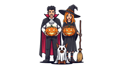 Halloween Family Portrait: Embrace the spooktacular charm with this illustration of a vampire, witch, and ghost dog holding jack-o'-lanterns, ready to celebrate.