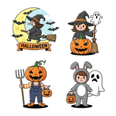Halloween Characters: Set of festive illustrations featuring a witch, a pumpkin head, a ghost, and a person in a rabbit costume.