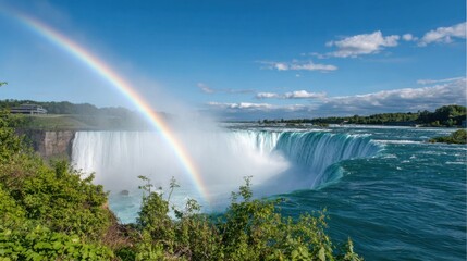 Niagara Falls with rainbow mist rising above, bright sunlight, lush greenery and dramatic perspective