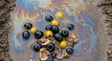 Black and green olives discarded in a puddle of water with a colorful, iridescent oil slick on the ground.