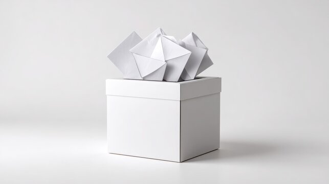 open ballot box with paper slips, symbol of free elections, clean white background, minimal composition