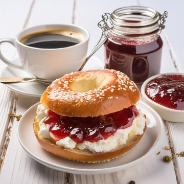 bagle with jam and cream cheese with cup of coffee drink, bottle of jam on white wood table
