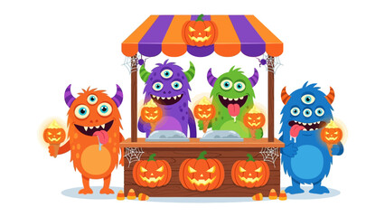 Monster's Halloween Treat: A vibrant Halloween scene featuring whimsical monsters gathered at a festive candy stall.