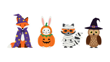 Whimsical Halloween Gathering: A captivating illustration features a charming ensemble of creatures, each adorned in festive Halloween costumes, creating a playful and enchanting atmosphere.