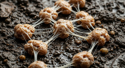 Macro photograph of interconnected organic spheres with sticky, web-like strands on dark, muddy soil.