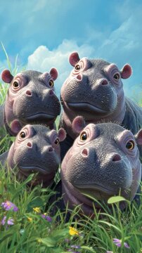 A group of adorable young hippos playfully explore a vibrant meadow filled with flowers and tall grass, enjoying the warm sunlight and clear skies around them.