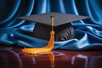 Elegant graduation cap with gold tassel on blue fabric background