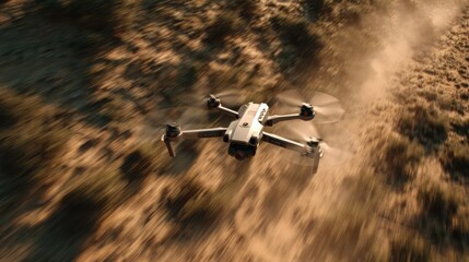 A white drone flies low over dusty dry terrain kicking up a trail of airborne particles