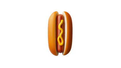 A close-up view of a classic hot dog featuring a sausage nestled in a soft bun. topped with a squiggle of yellow mustard. set against a clean white background. ideal for food-related content