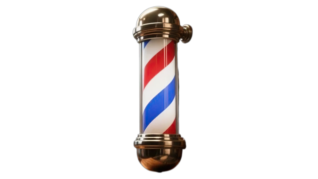 The red and white barber pole is an isolated symbol for the hair shop, like a beacon or lighthouse tower against a blue sky