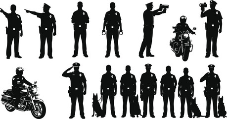 Silhouette police officers with dogs, motorcycle patrol, handcuffs, radar gun, video camera, law enforcement teamwork, security, authority, protection, duty