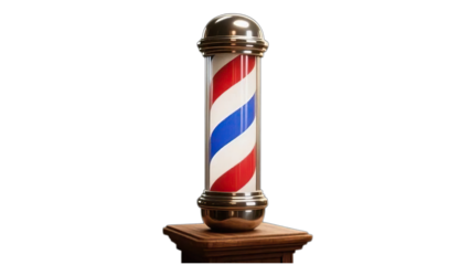 A classic barber pole, a red and white striped sign for the hair shop, stands tall like a decorative lighthouse or beacon against a bright blue sky