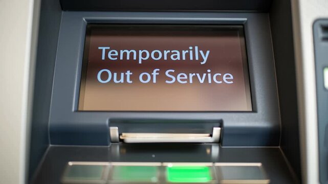 ATM out of service screen warning cash card access disruption amid economic recession indicators hinting bank failure as calm alert glows ATM display