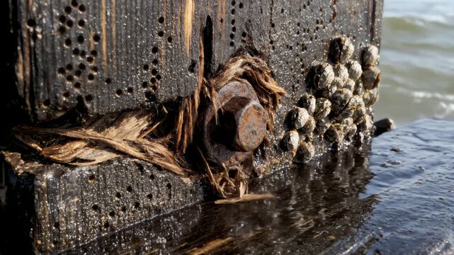 Weathered marine piling with barnacles and rusty bolt at sea