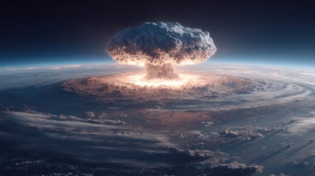 A massive mushroom cloud explosion erupts above Earth's atmosphere seen from space - Powered by Adobe