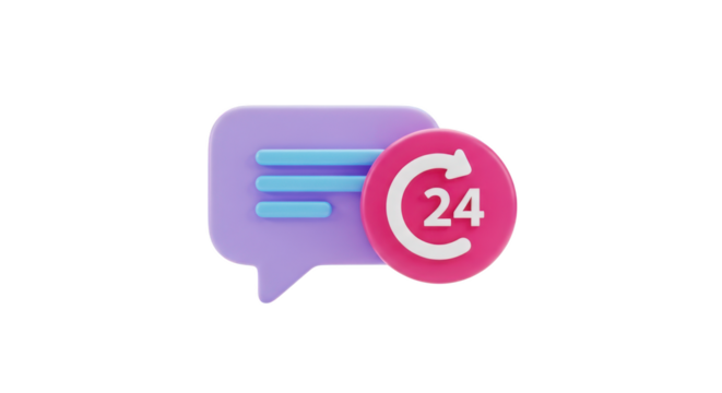 Purple speech bubble with 24 hour service icon isolated on a transparent background chat icon