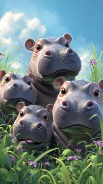 A group of adorable young hippos playfully explore a vibrant meadow filled with flowers and tall grass, enjoying the warm sunlight and clear skies around them.