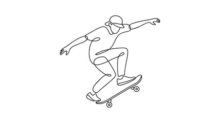 Continuous Line Drawing of Skateboarder Performing Trick