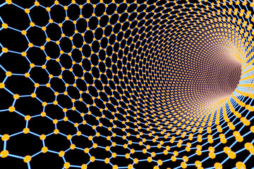 Blue mesh wireframe connected in a hexagonal pattern at junctions forming a tunnel on a black background. Illustration as background for scientific, physical and chemical topics