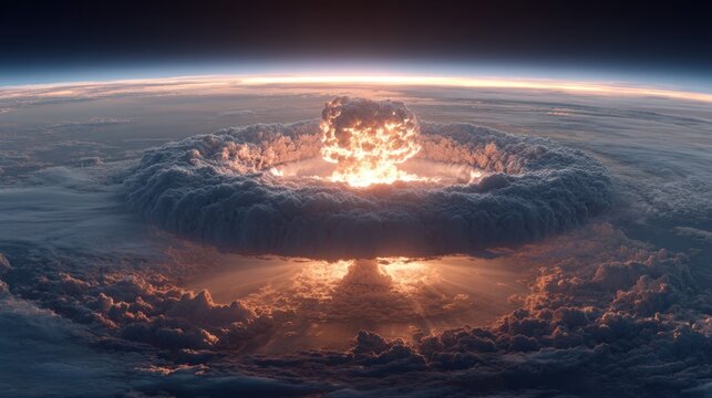 A mushroom cloud explosion erupts with intense light above a cloud layer seen from space
