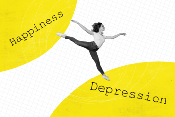 Composite photo collage of pretty girl ballerina dance solution choose happiness depression mood fatigue isolated on painted background