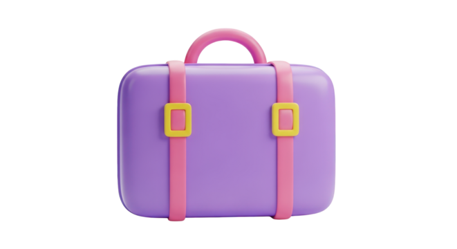 Purple suitcase with pink straps and yellow buckles isolated on a transparent background luggage - Powered by Adobe