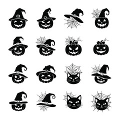Spooky Halloween Symbols: A collection of black and white halloween themed icons with spooky pumpkins with witch hats and black cats