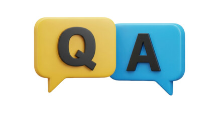 QA 3d icon. Letters Q and A in chat bubbles. Question and answer concept. FAQ, frequently asked questions, dialog concept. 3d illustration isolated on transparent background 