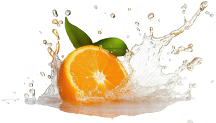 A orange slice splashes into crystal-clear water. creating dynamic droplets and ripples. with fresh green leaves accentuating the scene. ideal for food and beverage advertising