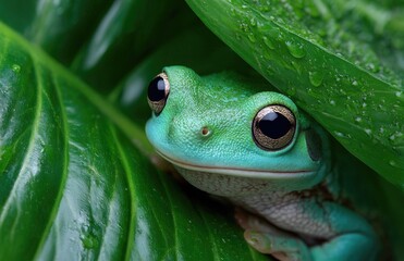 close-up of a green tree frog peeking out from behind a large leaf in the tropical rainforest of the amazon jungle.
