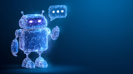 Hologram of AI Robot or Chatbot with Speech Bubbles on Technology Blue Background. AI Chat Bot Mascot. Low Poly Wireframe Tech Bg. Support Assistant Virtual Character. Digital Vector Illustration.