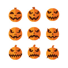 Spooky Pumpkin Faces: A vector collection of nine Halloween pumpkins, each with a unique scary and spooky carved face, perfect for holiday designs.
