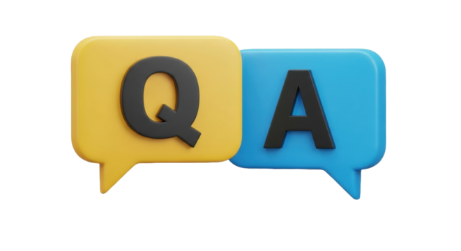 QA 3d icon. Letters Q and A in chat bubbles. Question and answer concept. FAQ, frequently asked questions, dialog concept. 3d illustration isolated on transparent background 