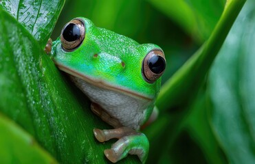 close-up of a green tree frog peeking out from behind a large leaf in the tropical rainforest of the amazon jungle.