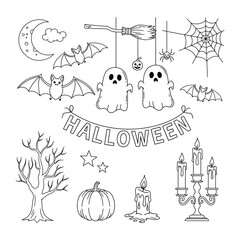Halloween Symbols: Spooky icons like ghosts, bats, pumpkins, and a full moon create a festive Halloween scene, perfect for seasonal designs and playful crafts.