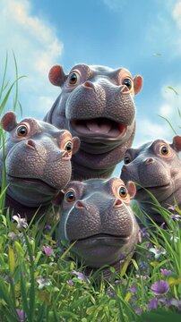 A group of adorable young hippos playfully explore a vibrant meadow filled with flowers and tall grass, enjoying the warm sunlight and clear skies around them.
