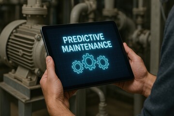 Smart factory predictive maintenance. Digital tablet displays predictive maintenance in an industrial setting with gears in the background.