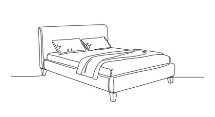 Continuous Line Drawing of Modern Bed with Pillows and Blanket