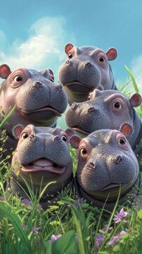 A group of adorable young hippos playfully explore a vibrant meadow filled with flowers and tall grass, enjoying the warm sunlight and clear skies around them.