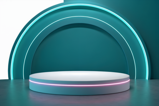 Futuristic neon podium display isolated on white background