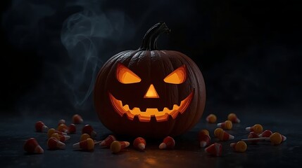 Eerie Halloween Pumpkin with Candy Corn and Smoky Background.
