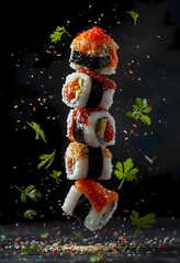 Vertical Sushi Roll Stack with Flying Herbs and Spices on Black Background – Creative Japanese Cuisine Concept