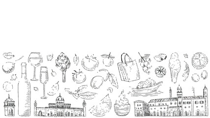 A black and white sketch-style illustration of Italian food and culture elements arranged in a horizontal composition 